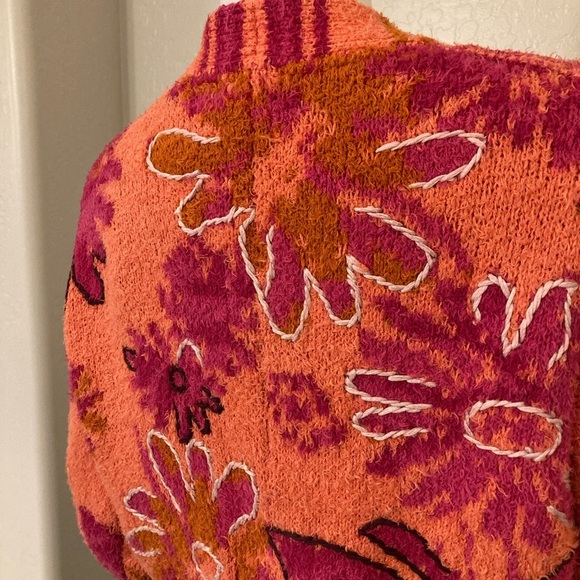By Anthropologie Embroidered Cardigan Sweater Pink Combo Small - Picture 12 of 16